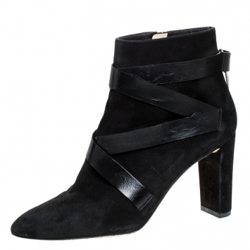 Pre Owned Jimmy Choo Black Suede And Crisscross Leather Block Heel Ankle Boots Size 42