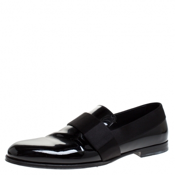 Pre Owned Jimmy Choo Black Patent Leather And Satin Trim John Smoking Slippers Size 43