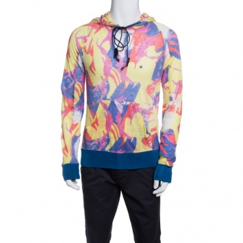Pre Owned John Galliano Multicolor Printed Rib Trim Hooded Linen Sweatshirt L