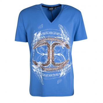Pre Owned Just Cavalli Blue Graphic Logo Print V-Neck T-Shirt XXL