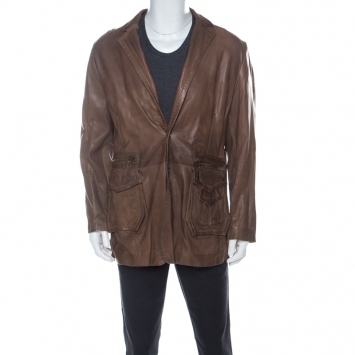 Pre Owned Just Cavalli Brown Leather Pleated Yoke Detail Jacket 5XL 