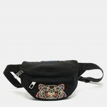 Pre Owned Kenzo Kampus Tiger Embroidered Black Nylon Belt Bag 