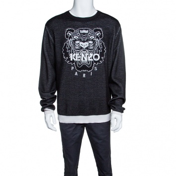 Pre Owned Kenzo Black Embroidered Tiger Motif Wool Blend Sweater XXL