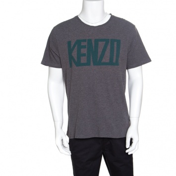 Pre Owned Kenzo Grey Melange Crew Neck Printed T-Shirt XL