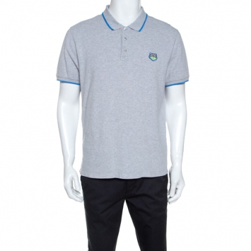 Pre Owned Kenzo Grey Cotton Contrast Trim Tiger Crest Polo T-Shirt L