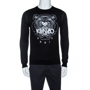 Pre Owned Kenzo Monochrome Tiger & Logo Embroidered Knit Sweater S