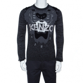 Pre Owned Kenzo Grey Tiger & Logo Embroidered Wool Melange Sweater S