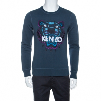 Pre Owned Kenzo Teal Blue Tiger & Logo Embroidered Knit Sweatshirt S