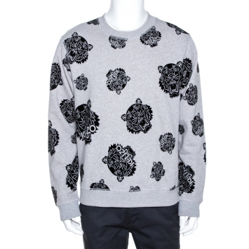 Pre Owned Kenzo Grey Flocked Tiger Print Cotton Sweatshirt L