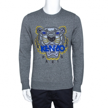 Pre Owned Kenzo Grey Tiger Embroidered Marl Knit Sweatshirt S