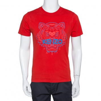Pre Owned Kenzo Vibrant Red Tiger Print Crew Neck T Shirt S