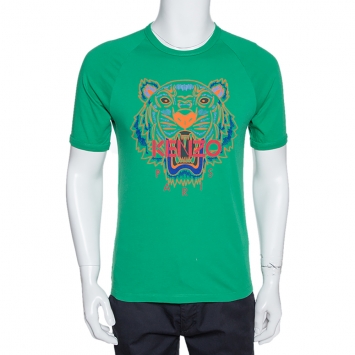Pre Owned Kenzo Green Cotton Tiger Print Crew Neck T Shirt XS 