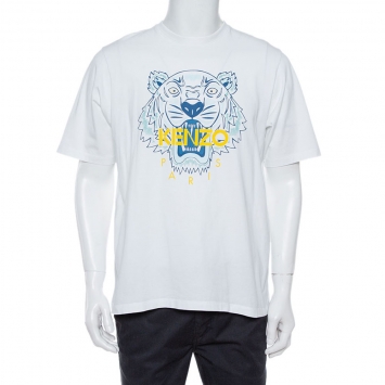 Pre Owned Kenzo White Cotton Jersey Tiger Print Crew Neck T-Shirt S