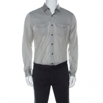 Pre Owned Lanvin Grey Cotton Pinstripe Knit Chest Pocket Full Sleeve Shirt L
