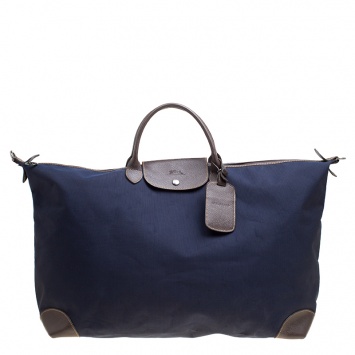 Pre Owned Longchamp Dark Blue/Brown Nylon Le Pliage Weekender