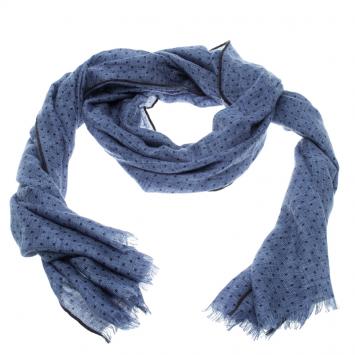 Pre Owned Loro Piana Blue Cashmere Silk Herringbone Pattern Dotted Scarf