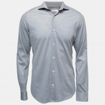 Pre Owned Loro Piana Slate Blue Cotton Knit Button Front Shirt M