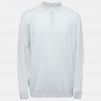 Pre Owned Loro Piana Light Grey Wool Long Sleeve Polo T-Shirt 3XL