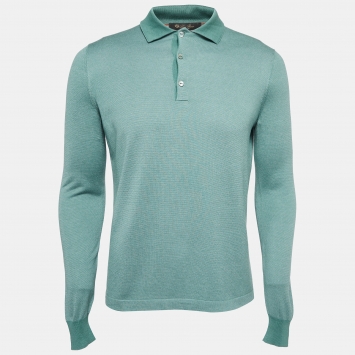 Pre Owned Loro Piana Green Silk Knit Long Sleeve Polo T-Shirt M