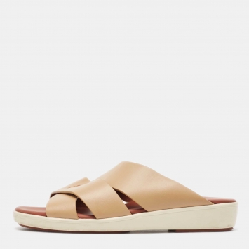 Pre Owned Loro Piana Brown Leather Slide Sandals Size 42.5