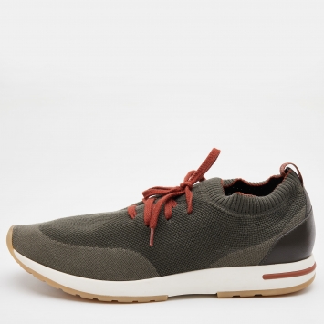 مملوكة مسبقًا Loro Piana Olive Green Knit Fabric and Leather Low Top Sneakers Size 46