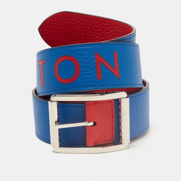 Pre Owned Louis Vuitton Red/Blue Taurillon Leather Logo Reversible Buckle Belt 95CM
