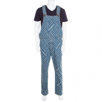 Pre Owned Louis Vuitton x Supreme Indigo Monogram Jacquard Denim Overalls S