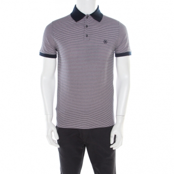 Pre Owned Louis Vuitton Navy Blue and White Horizontal Striped Polo T-Shirt S