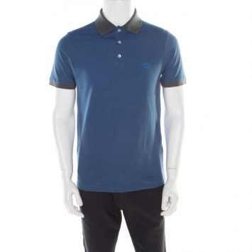 Pre Owned Louis Vuitton Blue and Grey Horizontal Striped Polo T-Shirt M