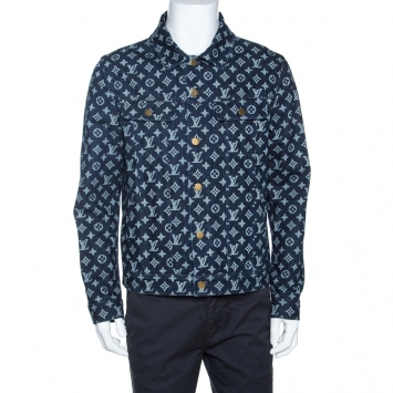 Pre Owned Louis Vuitton Navy Blue Monogram Print Denim Jacket L