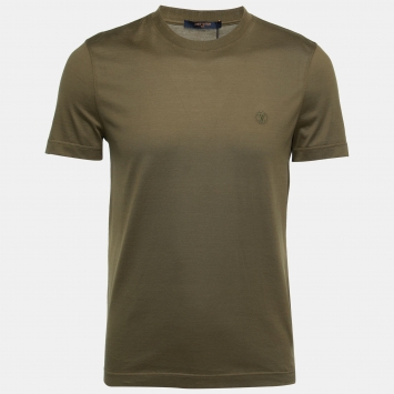 Pre Owned Louis Vuitton Olive Green Logo-Embroidered Cotton T-Shirt S