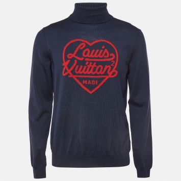 Pre Owned Louis Vuitton Navy Blue Heart Intarsia Wool Sweater L