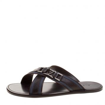 Pre Owned Louis Vuitton Two Tone Leather and Fabric Criss-Cross Sandals Size 41.5