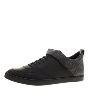 Pre Owned Louis Vuitton Black Leather and Monogram Canvas Passenger Lace Up Sneakers Size 43
