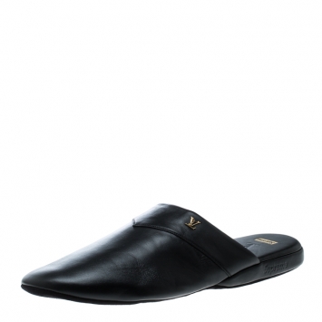 Pre Owned Louis Vuitton x Supreme Black Leather Hugh Flat Slippers Size 42