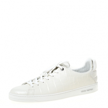 Pre Owned Louis Vuitton White Croc Embossed Leather Front Row Lace Up Sneakers Size 44.5