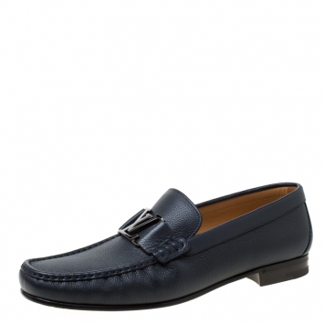 Pre Owned Louis Vuitton Dark Blue Leather Montaigne Loafers Size 43
