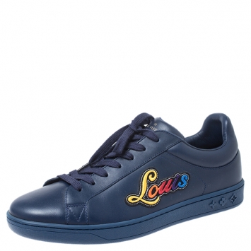 Pre Owned Louis Vuitton Blue Leather Multicolor Logo Applique Lace Up Sneakers Size 40.5