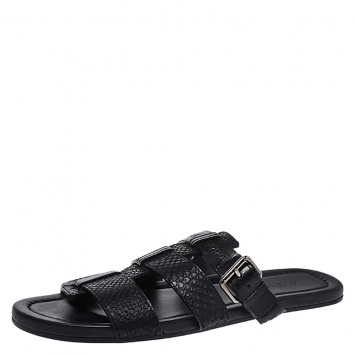 Pre Owned Louis Vuitton Black Python And Leather Slip On Flat Sandals Size 43