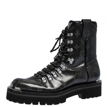 Pre Owned Louis Vuitton Grey/Black Monogram Patent Leather Lace Up Mid Calf Boots Size 41