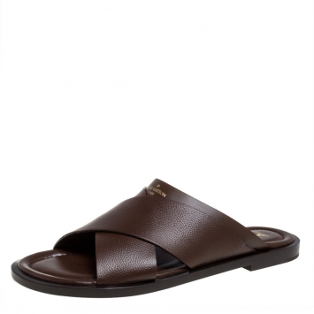 Pre Owned Louis Vuitton Brown Leather Foch Cross Strap Flat Slides Size 43.5