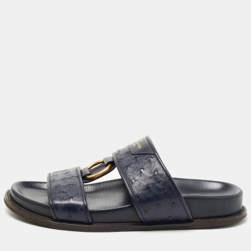 Pre Owned Louis Vuitton Navy Blue Ostrich Leather Slides Size 43.5