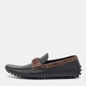 Pre Owned Louis Vuitton Black/Brown Monogram Canvas and Leather Slip On Loafers Size 40