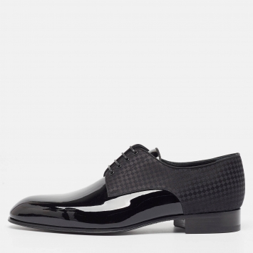 Pre Owned Louis Vuitton Black Petit Damier Fabric and Patent Leather Solferino Derby Size 41