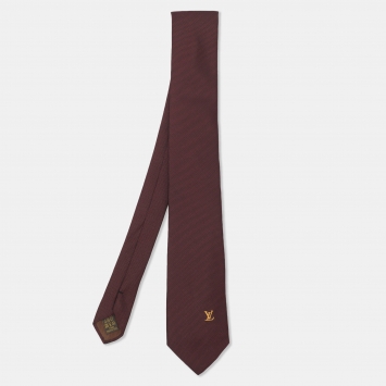 Pre Owned Louis Vuitton Metallic Burgundy Silk Logo Embroidered Neck Tie
