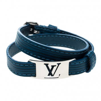 Pre Owned Louis Vuitton Blue Leather Silver Tone Wrap Bracelet 19