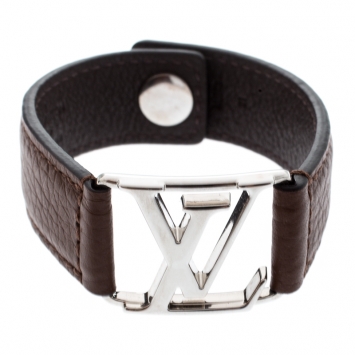 Pre Owned Louis Vuitton Hockenheim Brown Leather Silver Tone Bracelet
