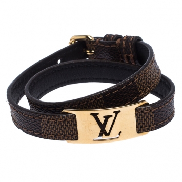 Pre Owned Louis Vuitton Gold Tone Sign It Damier Ebene Leather Bracelet