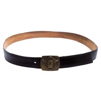 Pre Owned Louis Vuitton Dark Brown Leather Utah Ecusson Buckle Belt 110CM