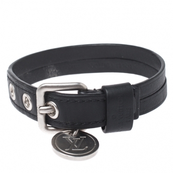 Pre Owned Louis Vuitton Black Leather In Step Bracelet 19 cm